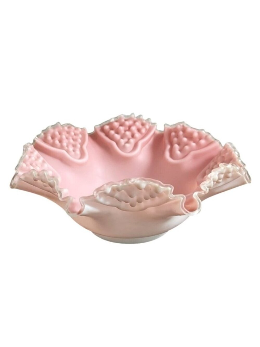 Victorian Hand Blown Cased Satin Glass Pink White Ruffled Crimped Console Bowl